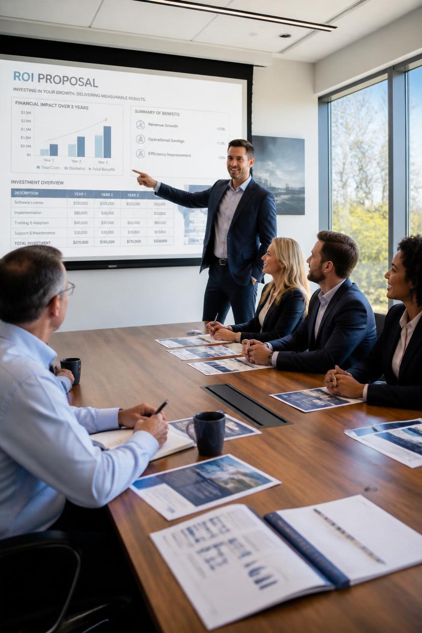 Sales-Berater präsentiert ROI-Proposal an Kunden im hellen Konferenzraum mit Pitch-Unterlagen auf dem Tisch.