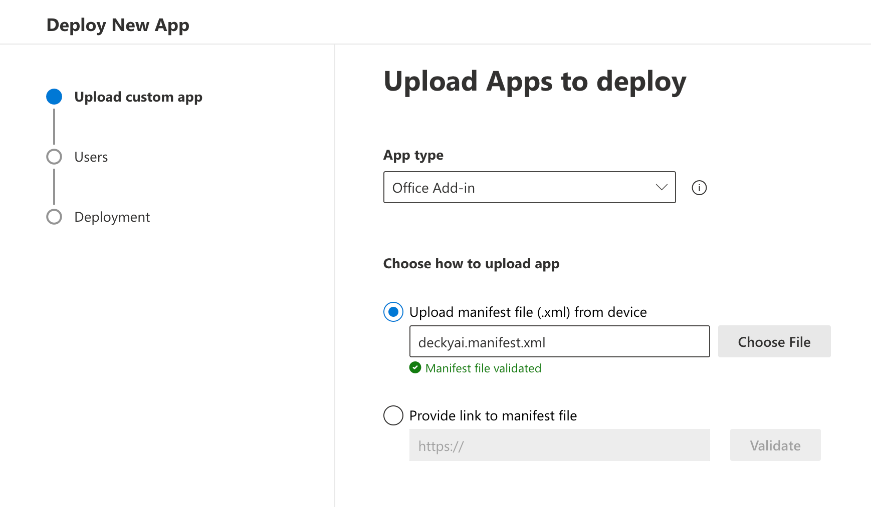 Manifest XML upload step with the Decky AI manifest selected
